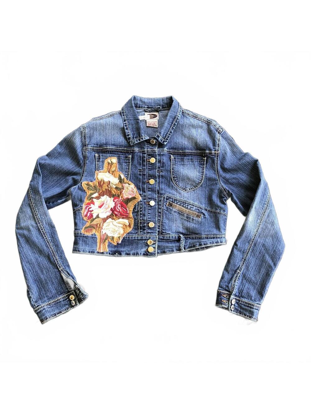 Elite Jeans Girls Cropped Denim Jacket with Floral Embroidery, Size 3X